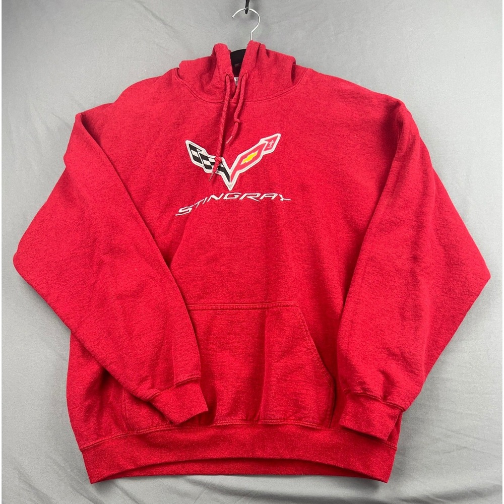 Gildan Corvette Stingray Hoodie Mens Large Red Embroidered Pullover Good